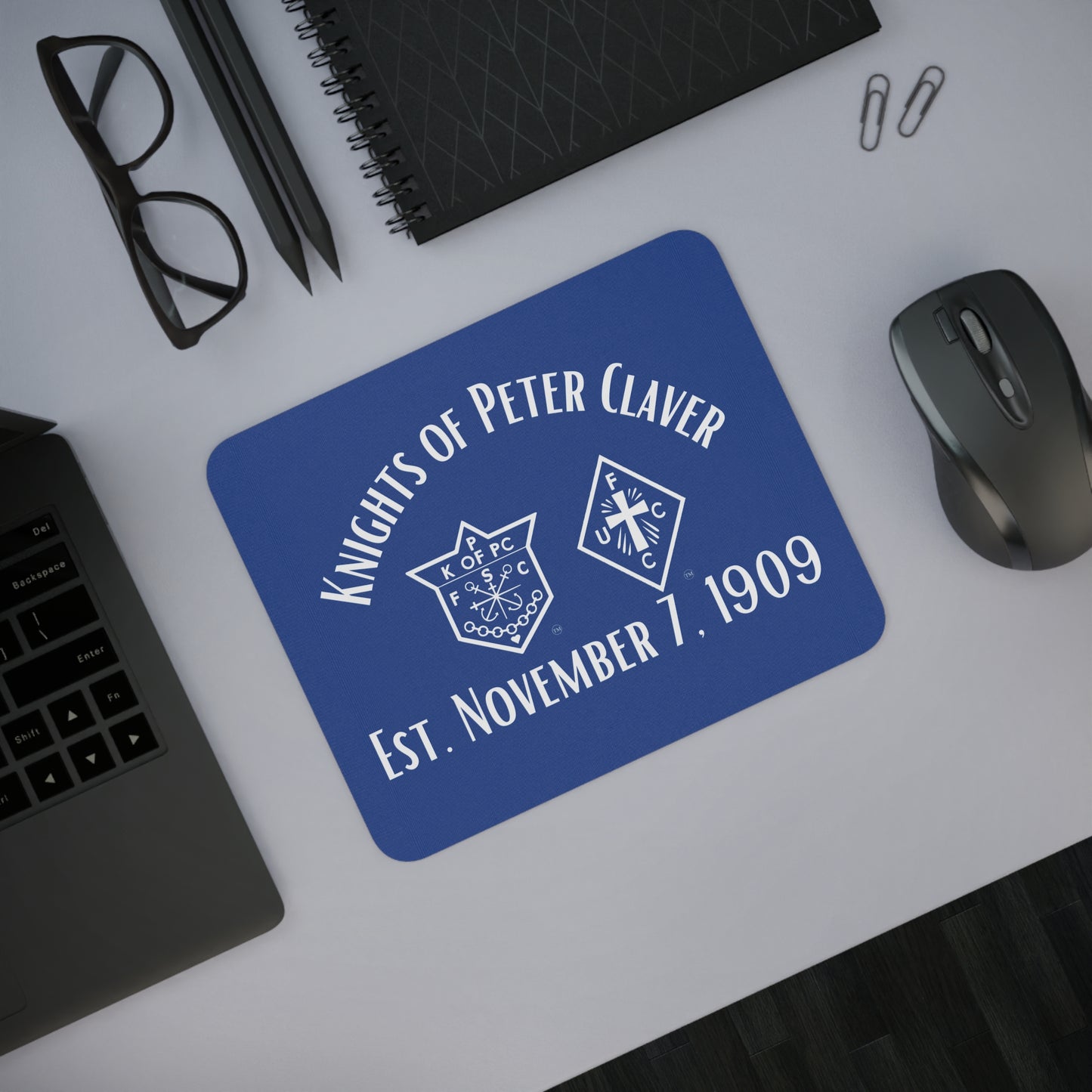 Knights of Peter Claver Desk Mouse Pad - Established 1909, Elegant Blue Design